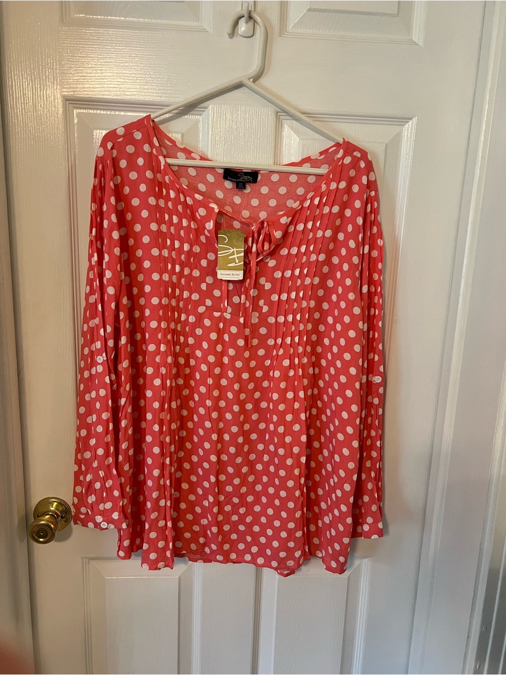 Suzanne Betro Coral Polka Dot Tie-Neck Blouse